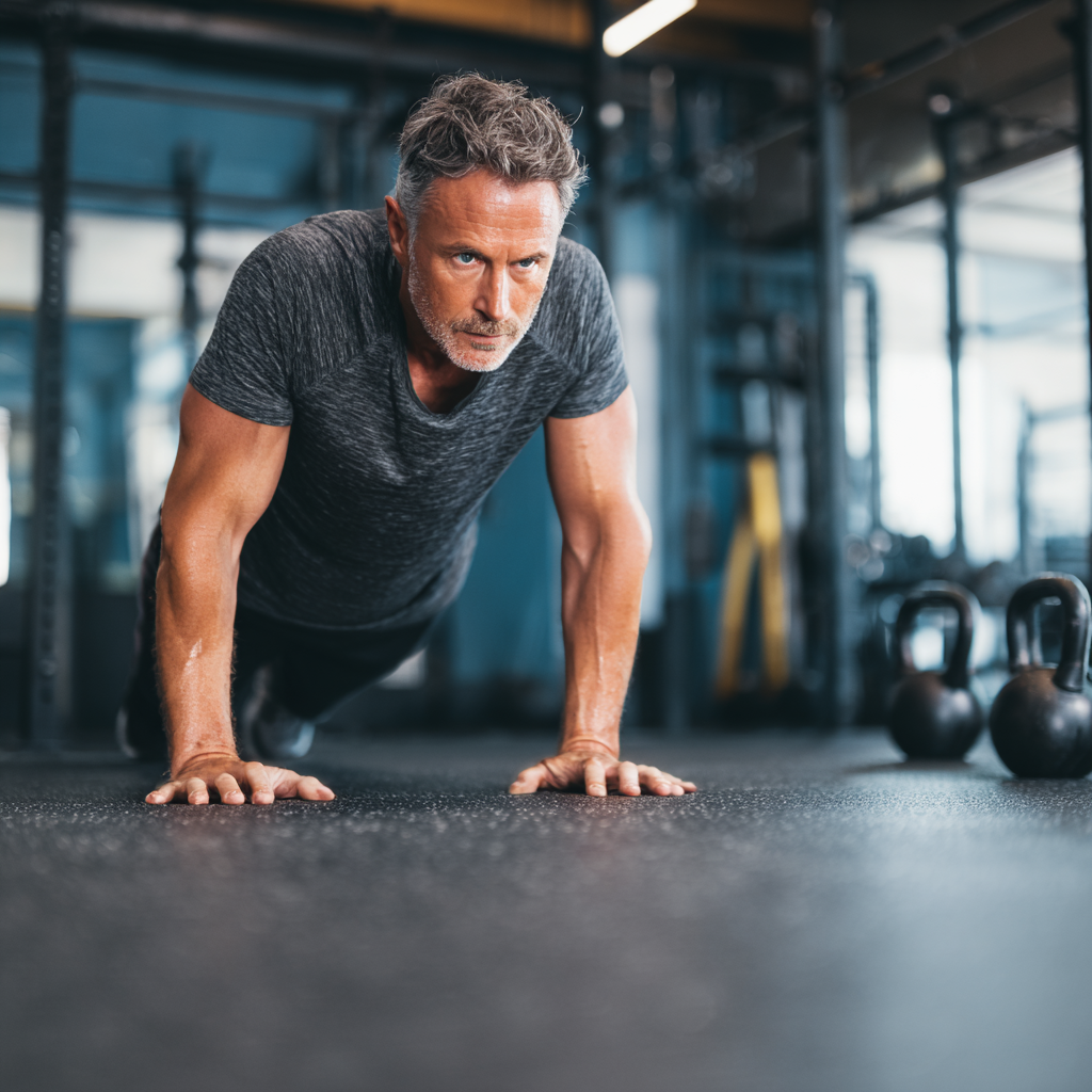 Middle-aged person doing functional fitness exercises in modern gym environment