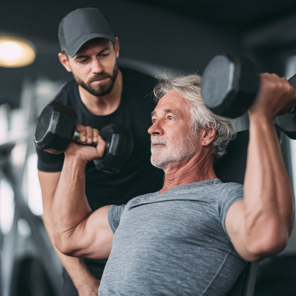 Professional fitness trainer working with mature adult during strength training session
